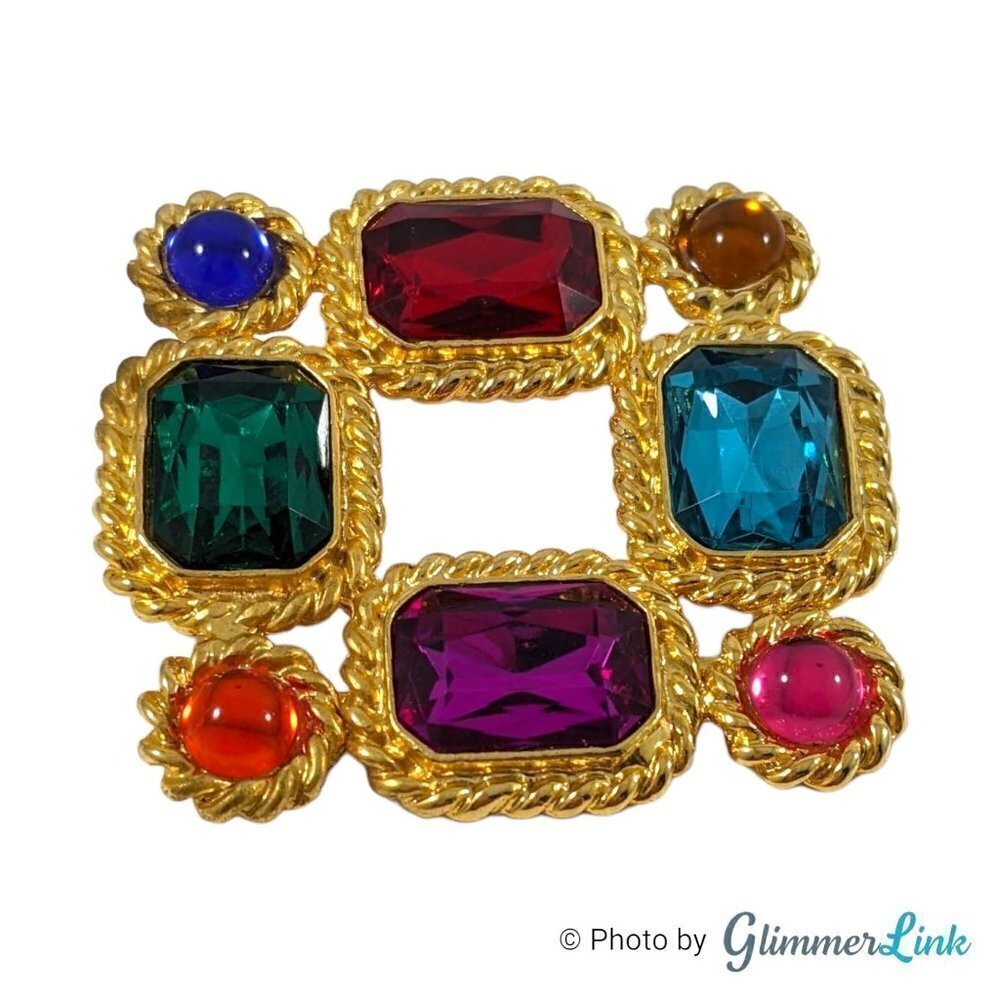Contemporary Multicolor Rhinestone Open Square Gold Tone Brooch - Picture 3 of 6